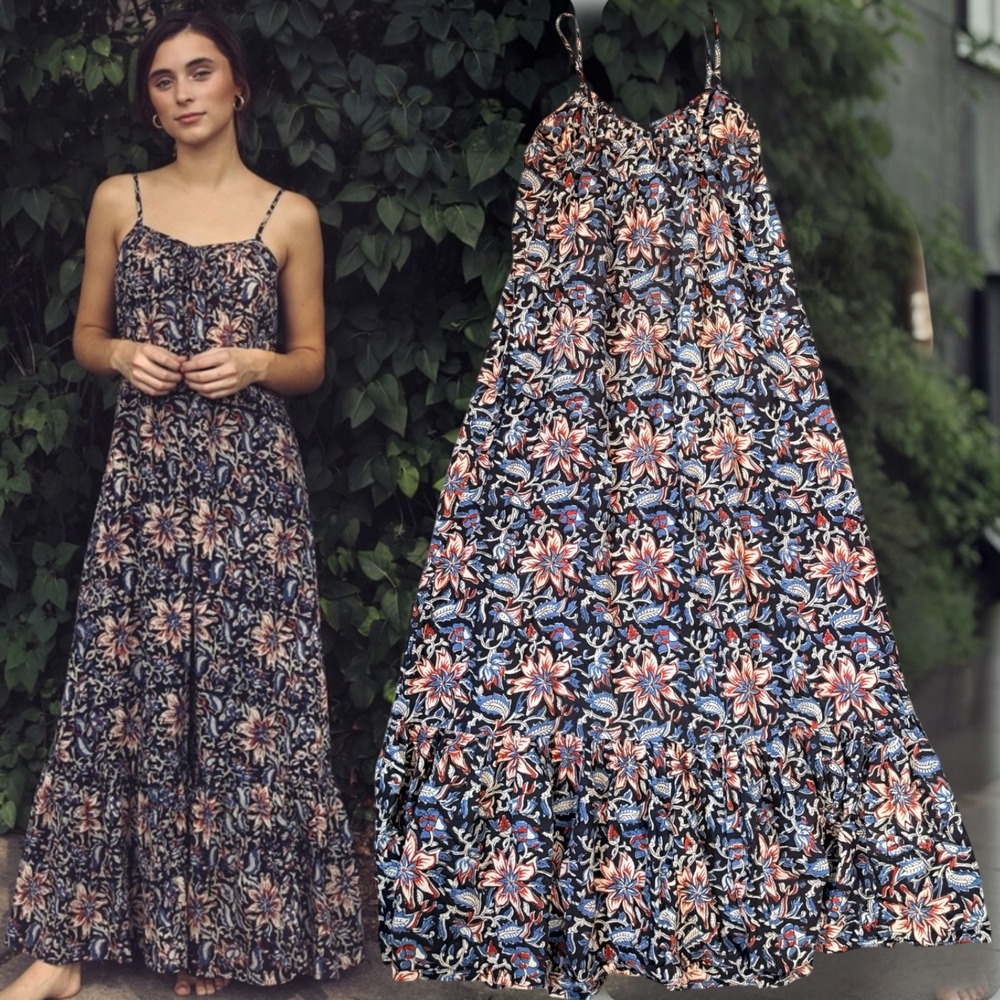 Mille Resort & Travel Maxi Dress Floral Paisley Navy Blue Red XS